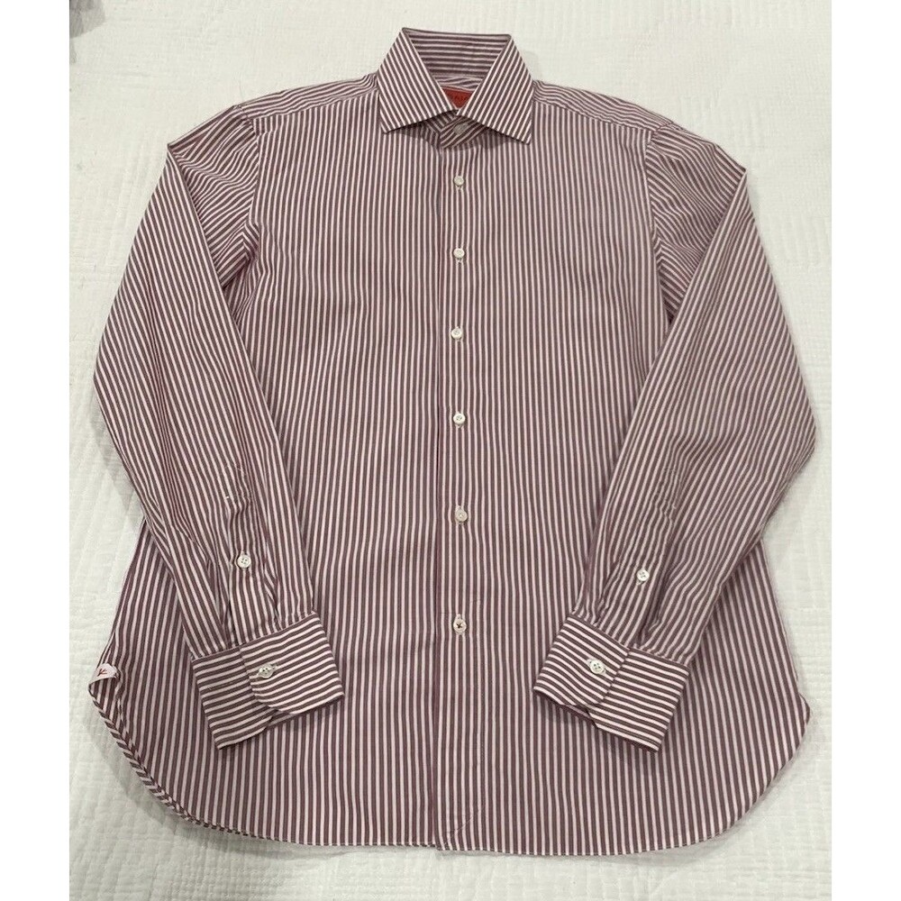 Isaia Napoli Men's Sz. 39 15.5 Red Striped Spread Collar Dress Shirt Button Up